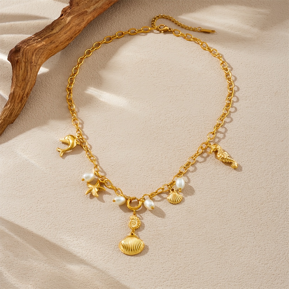 Women's Golden Stainless Steel Shell Seahorse Pendant Necklace